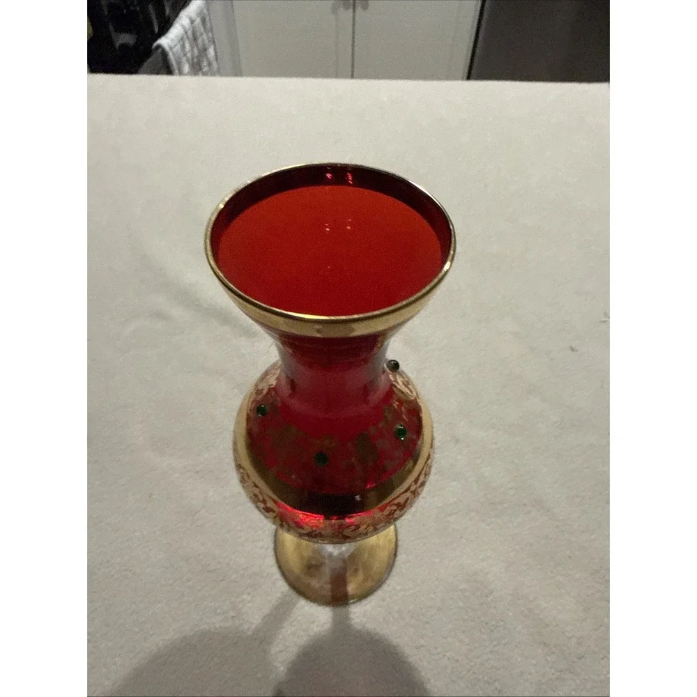Vintage Ruby Red Bohemian Glass Footed Bud Vase With Beads